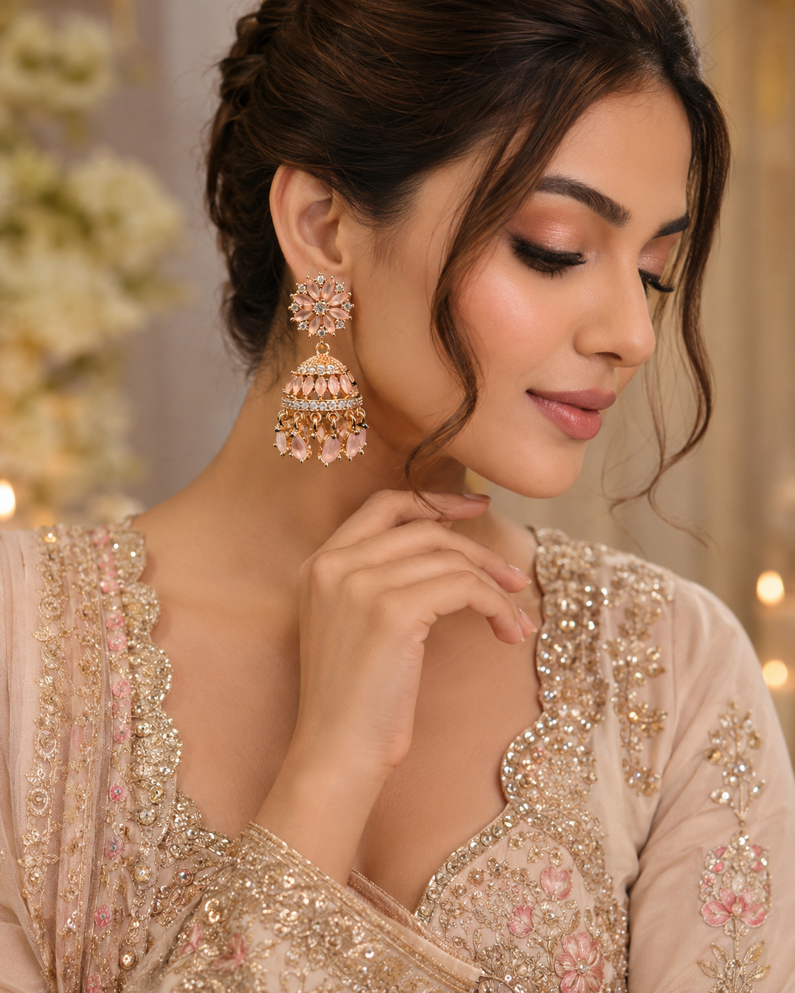Blush Rose Crystal Jhumka Earring - Image 4