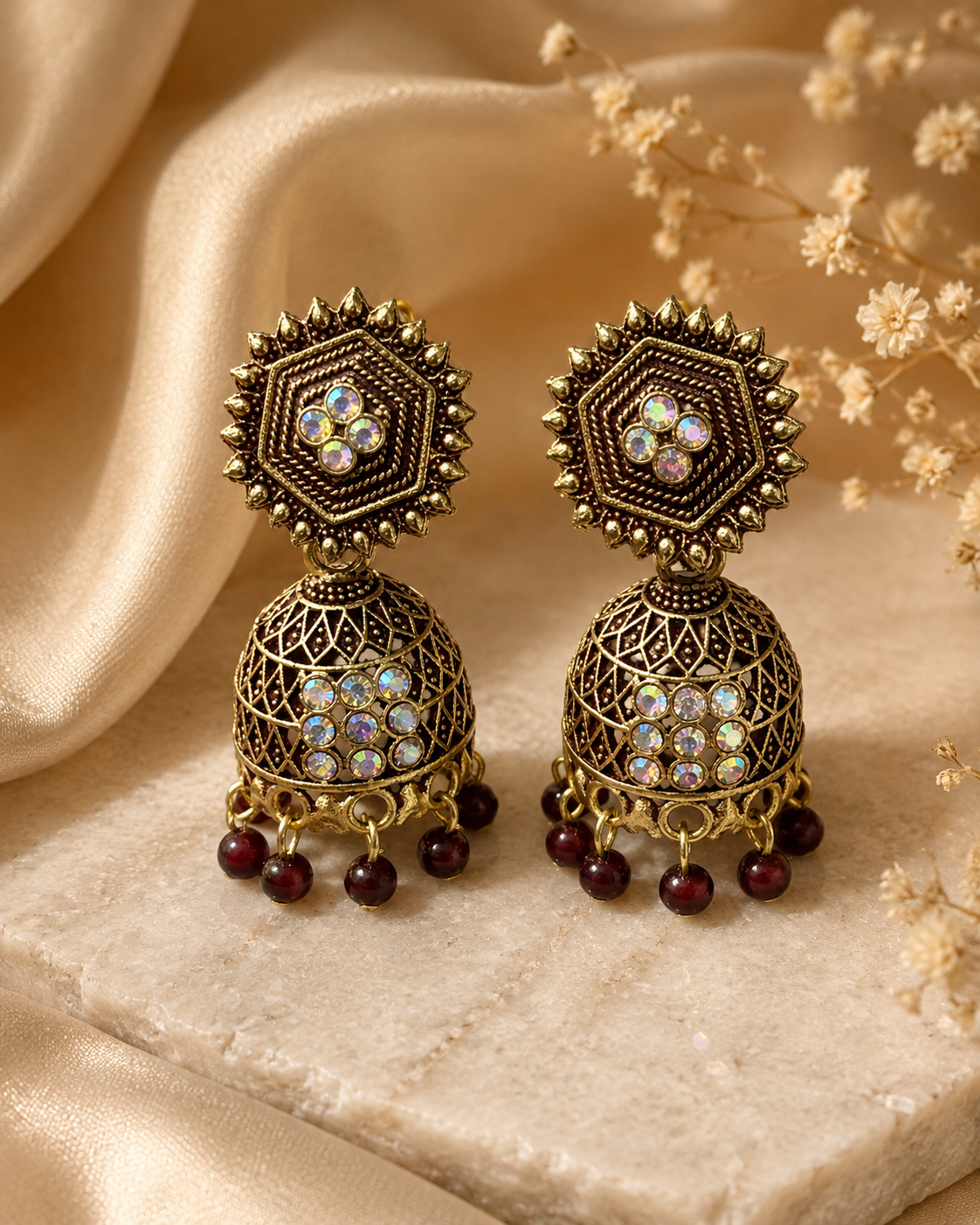 Antique Indian Jhumka Earring Maroon Beads - Image 2
