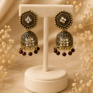 Antique Indian Jhumka Earring Maroon Beads