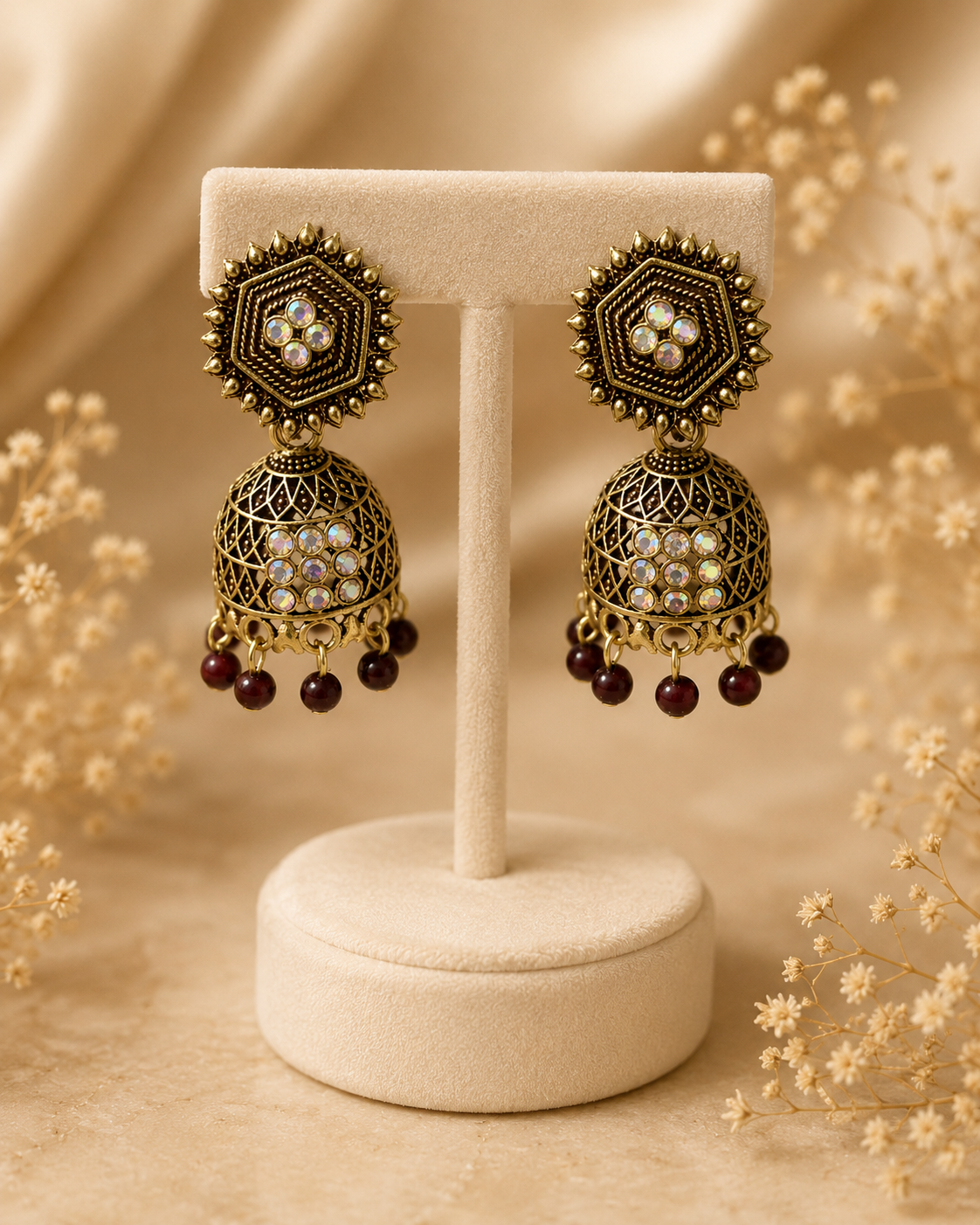 Antique Indian Jhumka Earring Maroon Beads