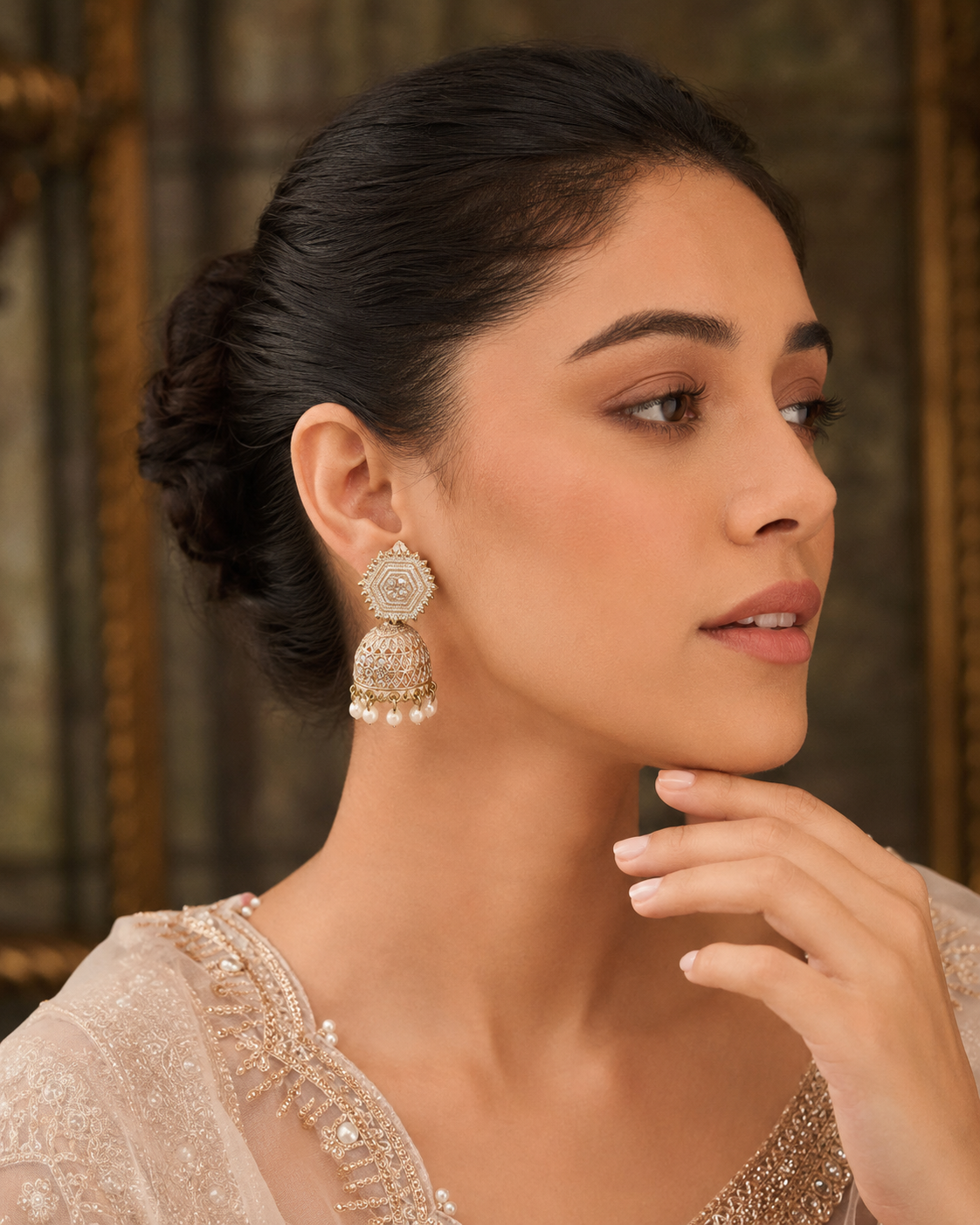 Antique Indian Jhumka Earring Pearl Beads - Image 4