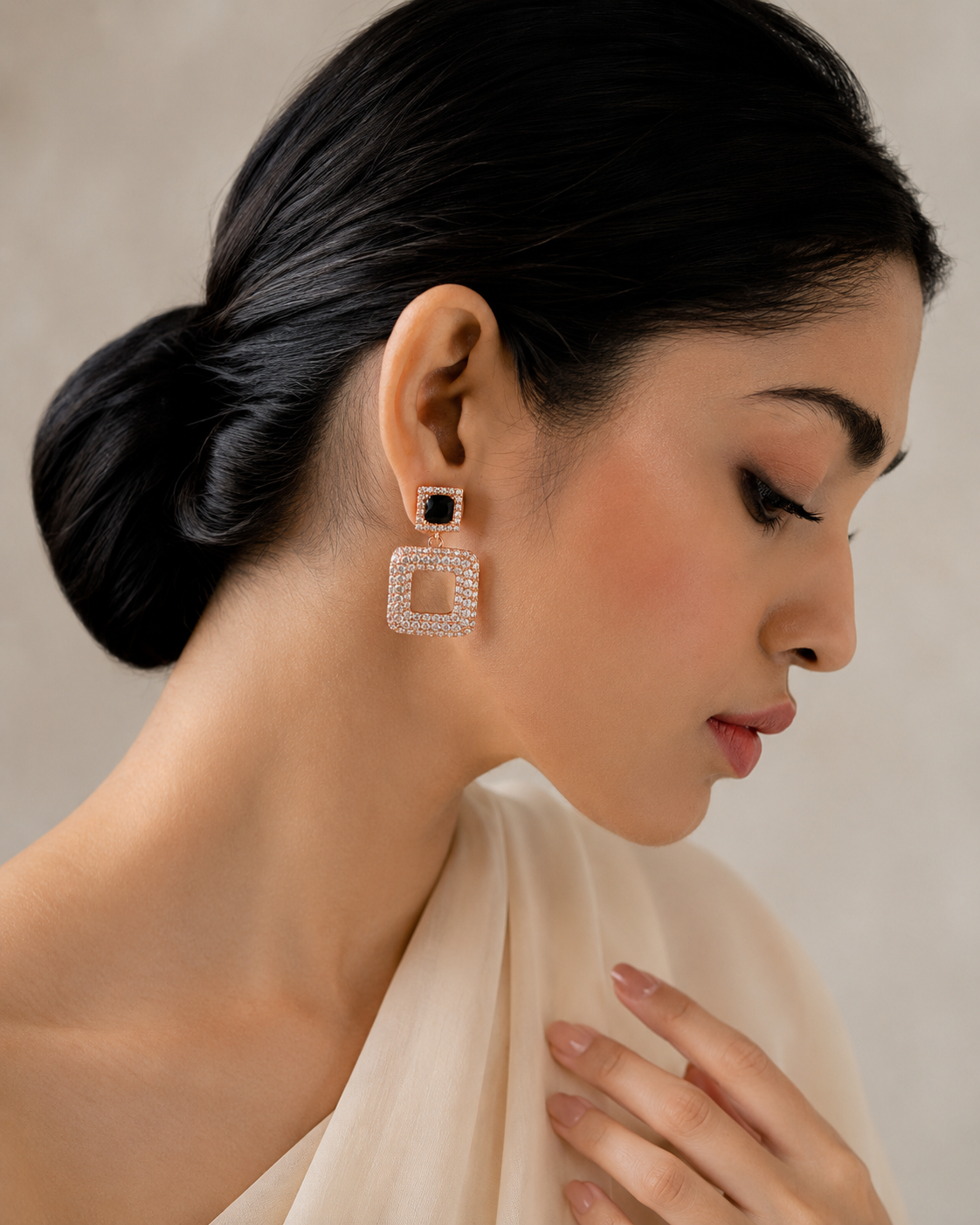 Square Drop Earrings with Black Crystal Accent - Image 2