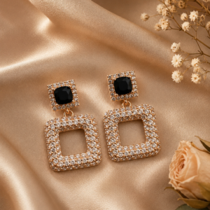 Square Drop Earrings with Black Crystal Accent
