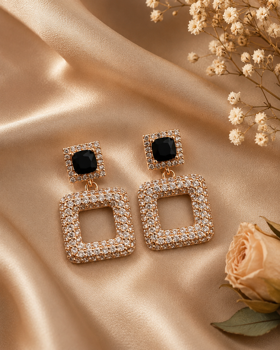 Square Drop Earrings with Black Crystal Accent