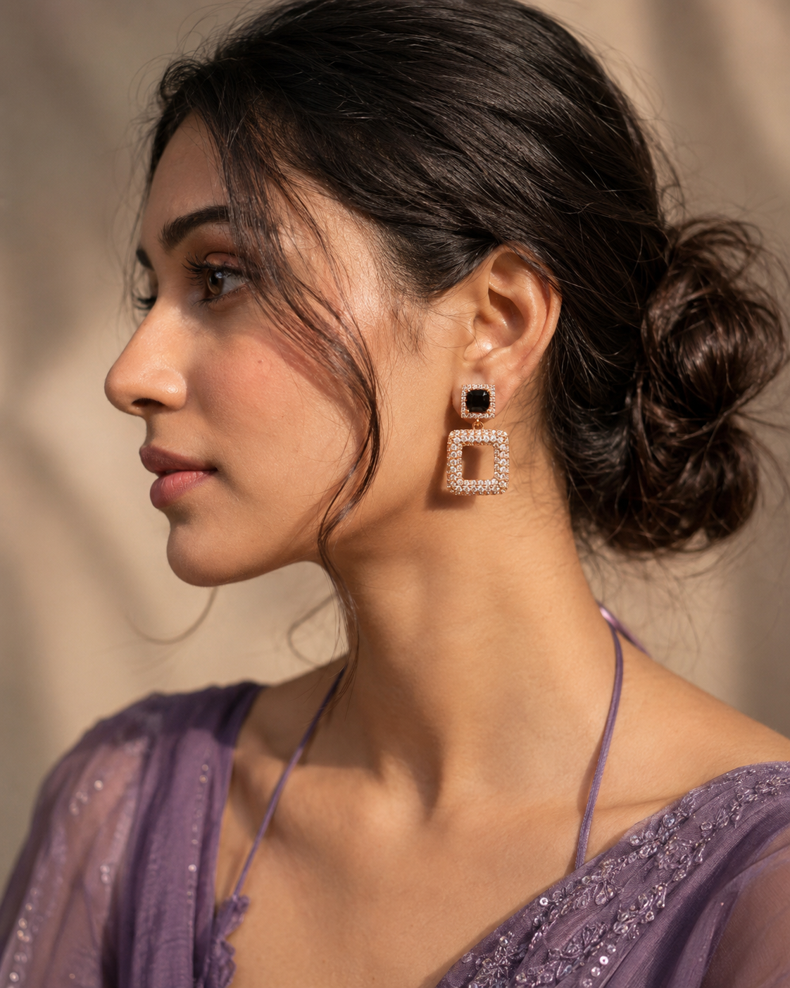 Square Drop Earrings with Black Crystal Accent - Image 3
