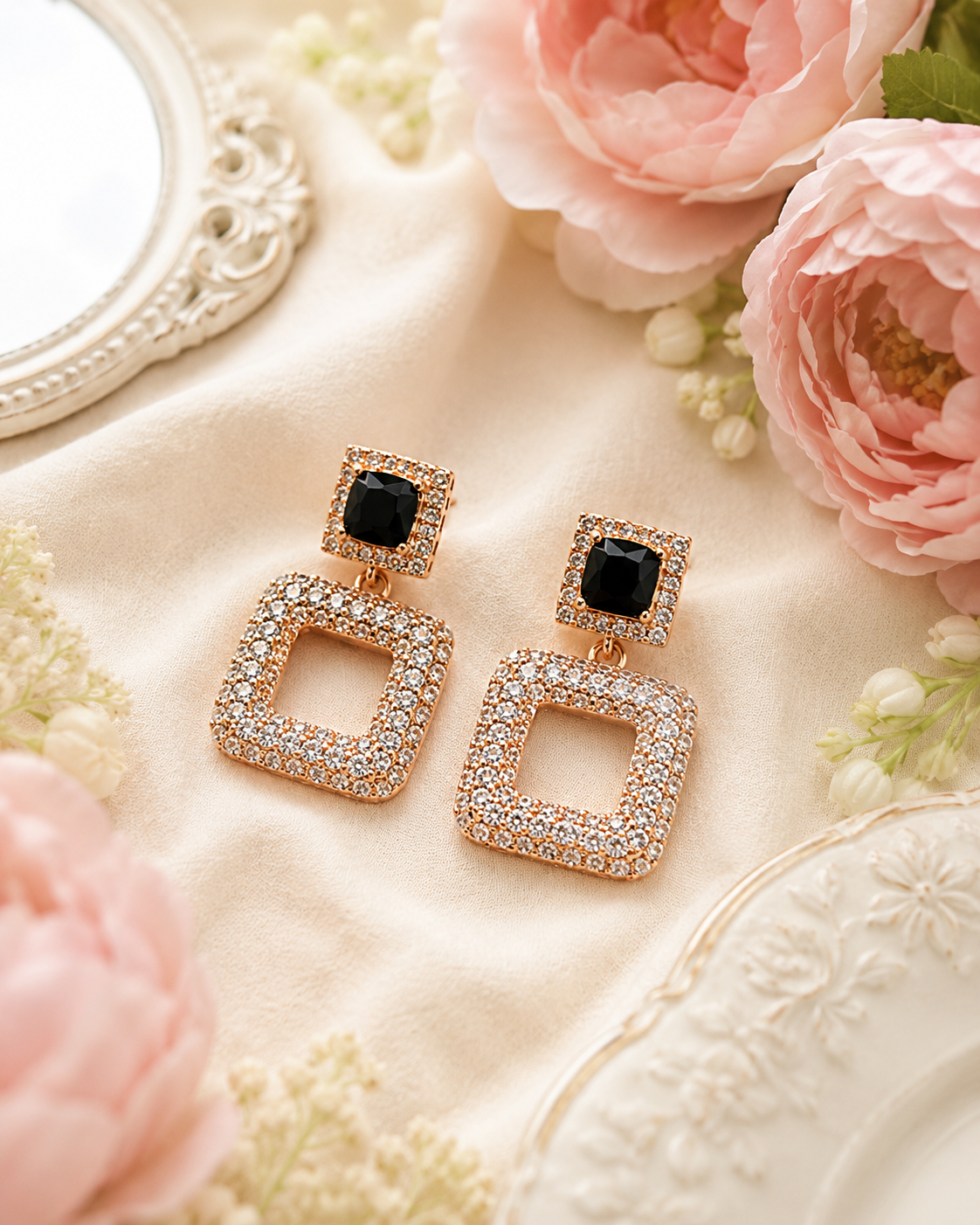 Square Drop Earrings with Black Crystal Accent - Image 4