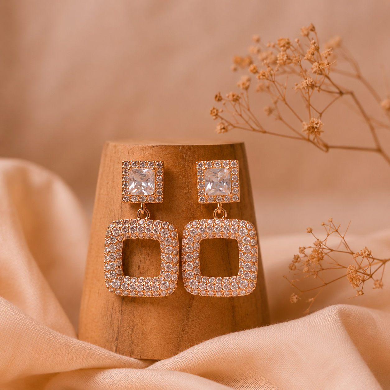 Rose Gold Square Crystal Drop Earrings - Image 4