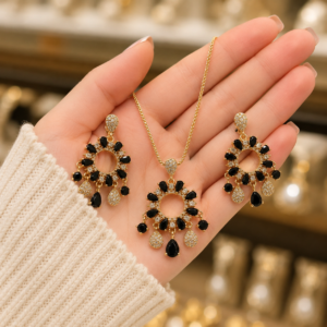 Black Stone Pendant Set with Matching Earrings