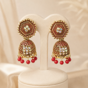 Antique Indian Jhumka Earrings with Red Bead