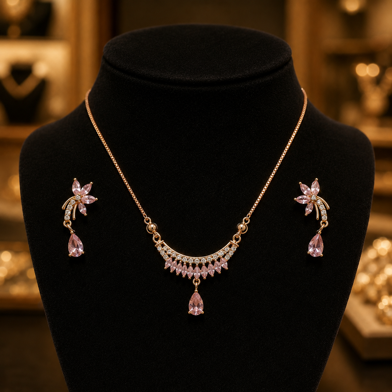 Rose Gold Pink Pendant & Earrings Set - Image 3