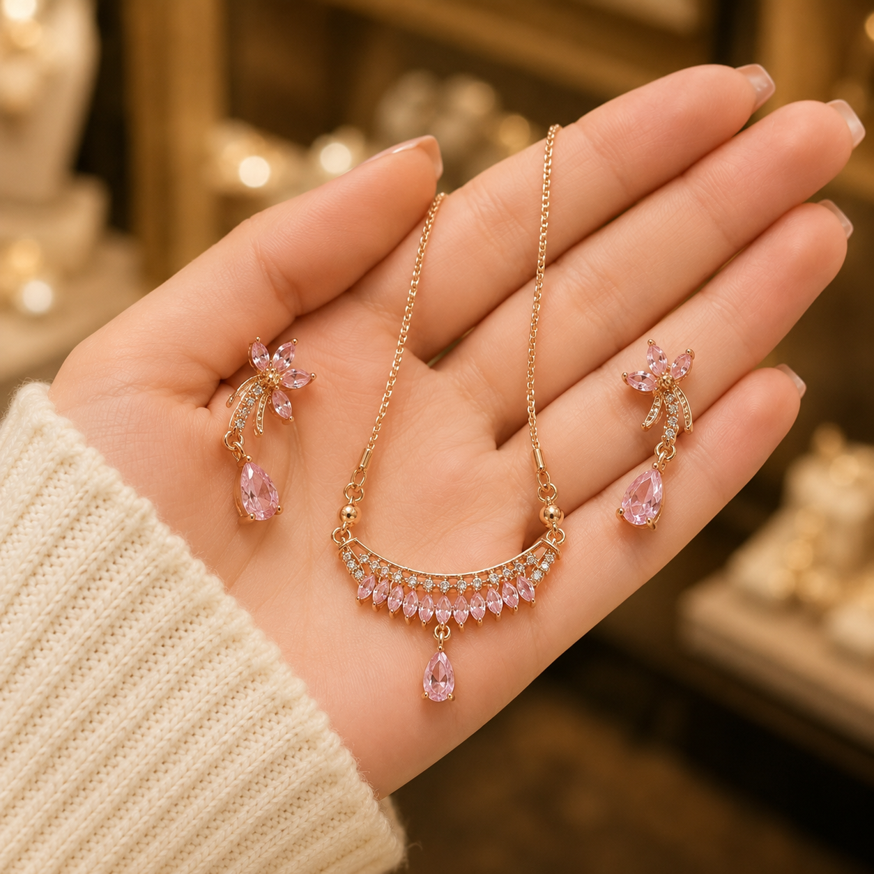 Rose Gold Pink Pendant & Earrings Set - Image 4