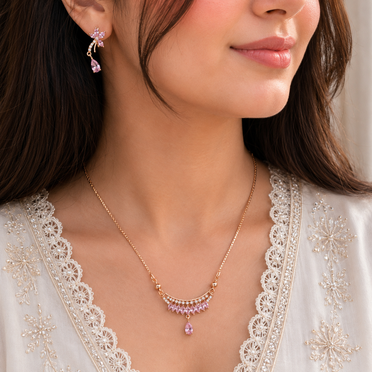 Rose Gold Pink Pendant & Earrings Set - Image 5