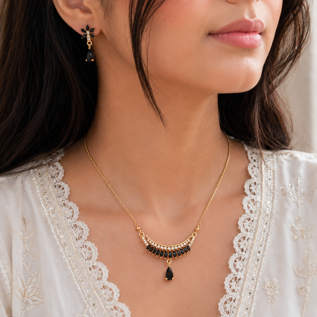 Noir Crescent Pendant Set with Matching Earrings - Image 5