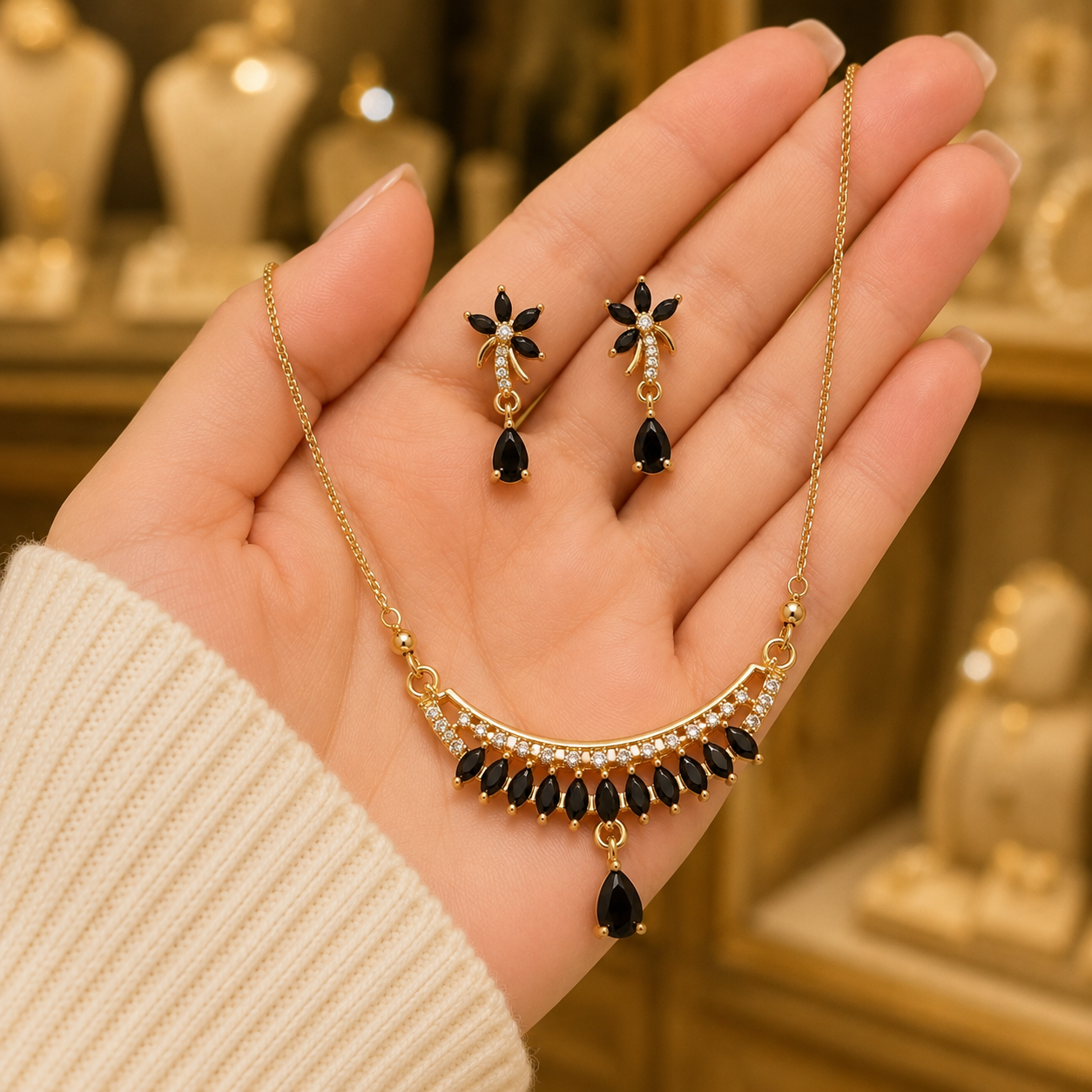 Noir Crescent Pendant Set with Matching Earrings