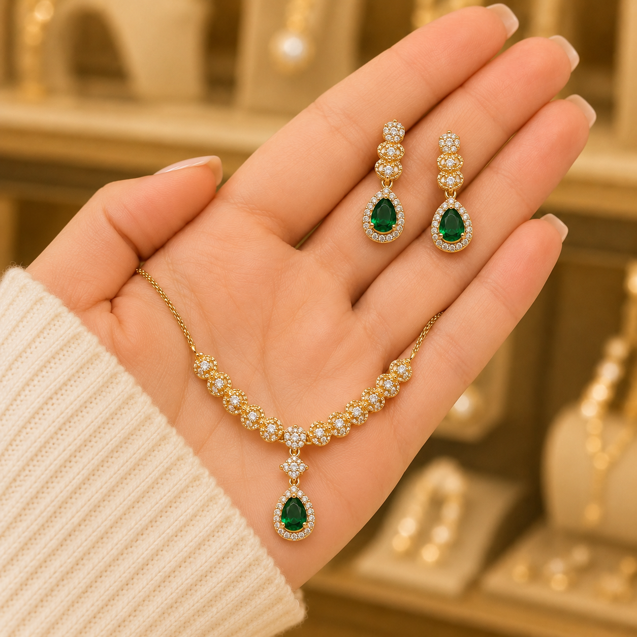 Teardrop Green Pendant & Earring Set