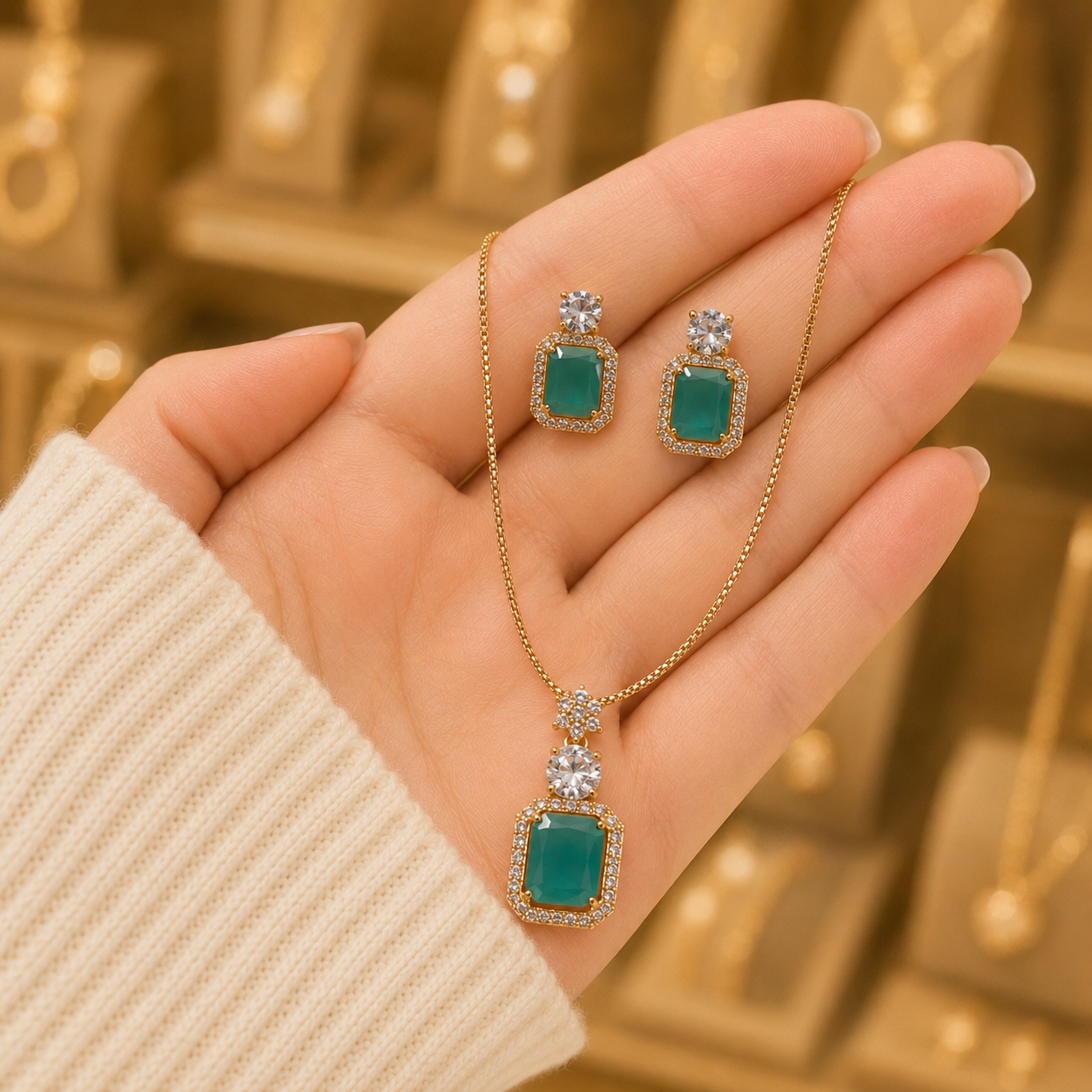 Emerald Majesty Pendant & Earrings Set