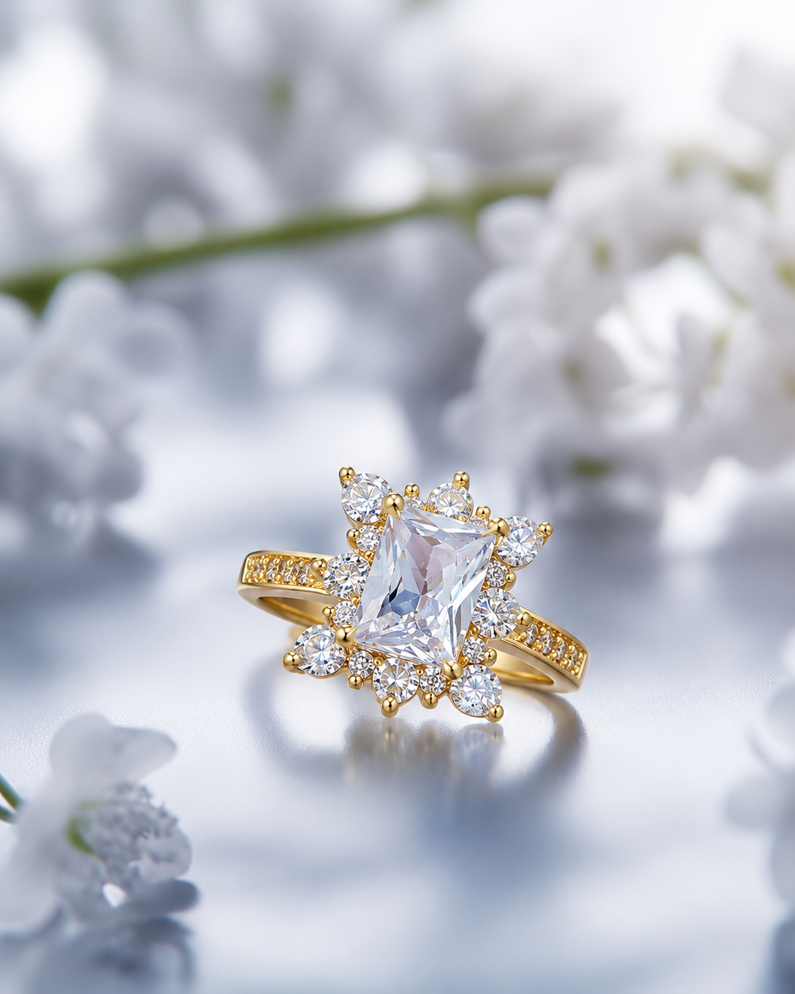 Princess-Cut Crystal Halo Ring