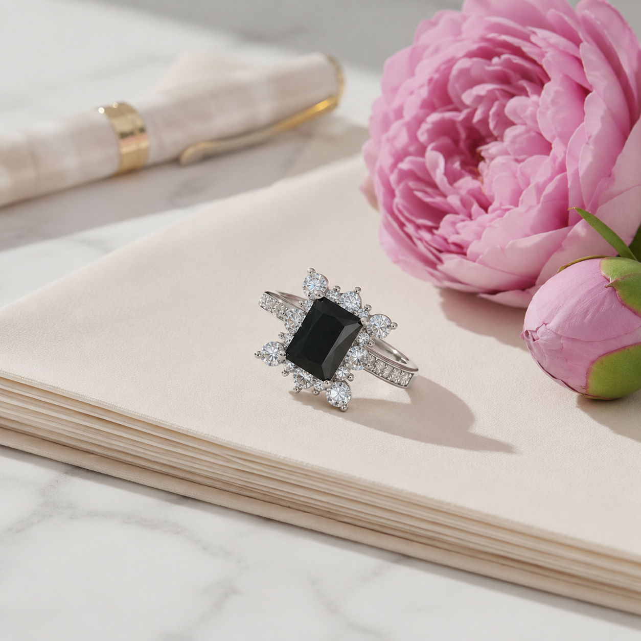 Black Emerald-Cut Crystal Halo Ring - Image 2