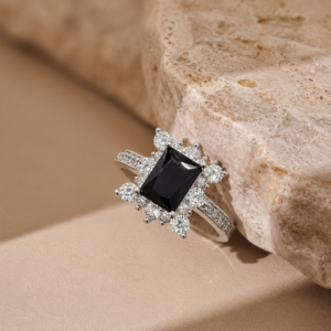 Black Emerald-Cut Crystal Halo Ring
