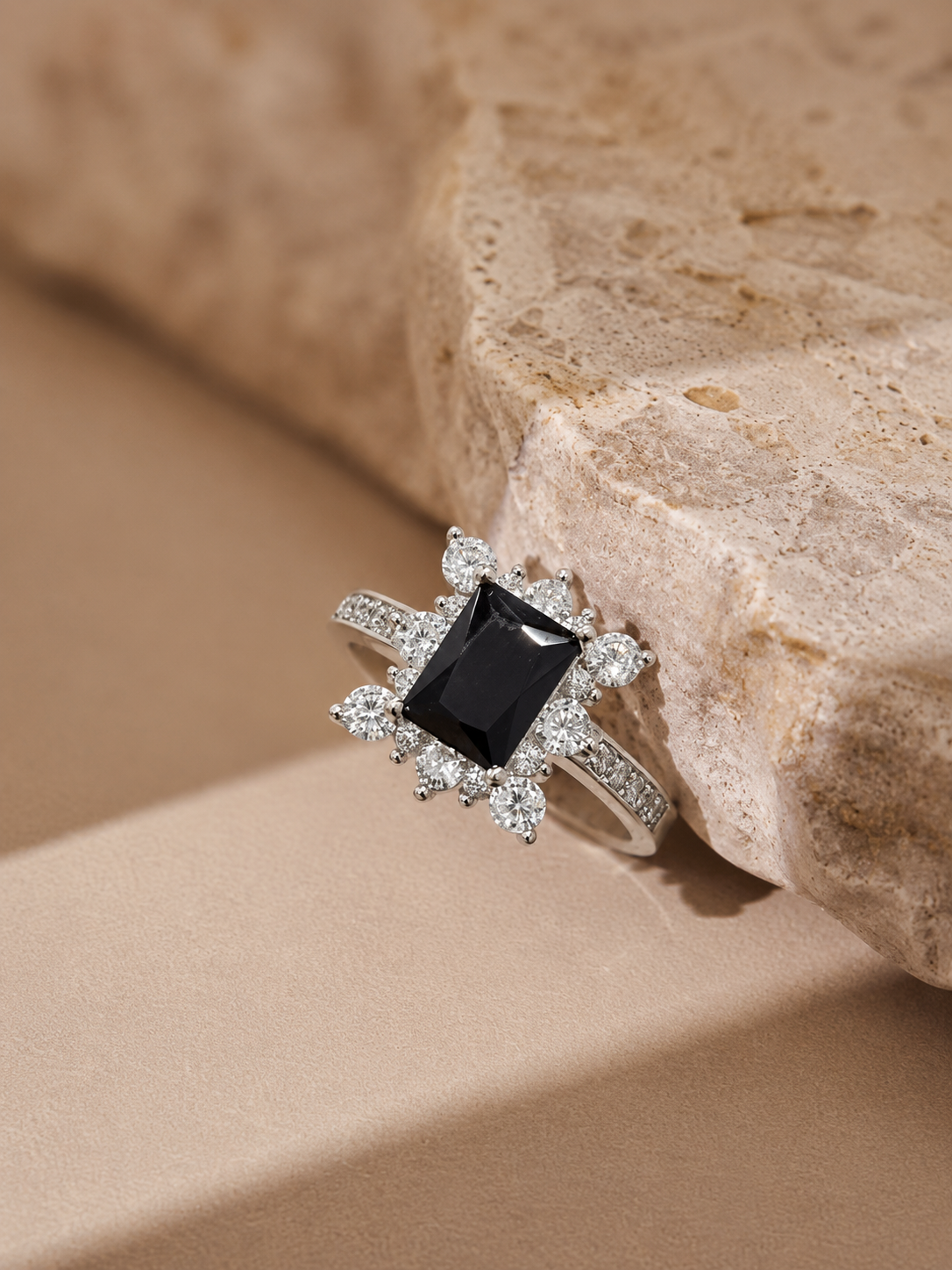 Black Emerald-Cut Crystal Halo Ring