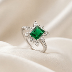 Emerald Green Princess-Cut Halo Ring