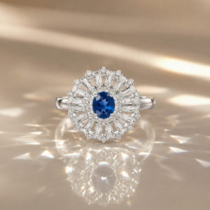 Silver-Tone Blue Crystal Sunburst Ring