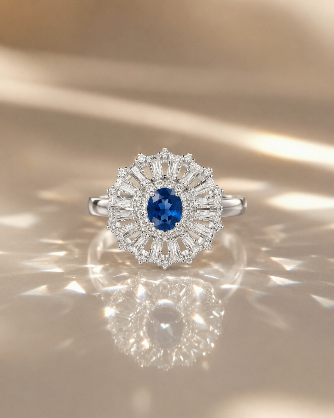 Silver-Tone Blue Crystal Sunburst Ring