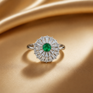 Silver-Tone Green Crystal Sunburst Ring