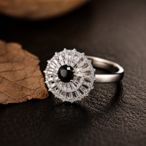 Silver-Tone Black Crystal Sunburst Ring