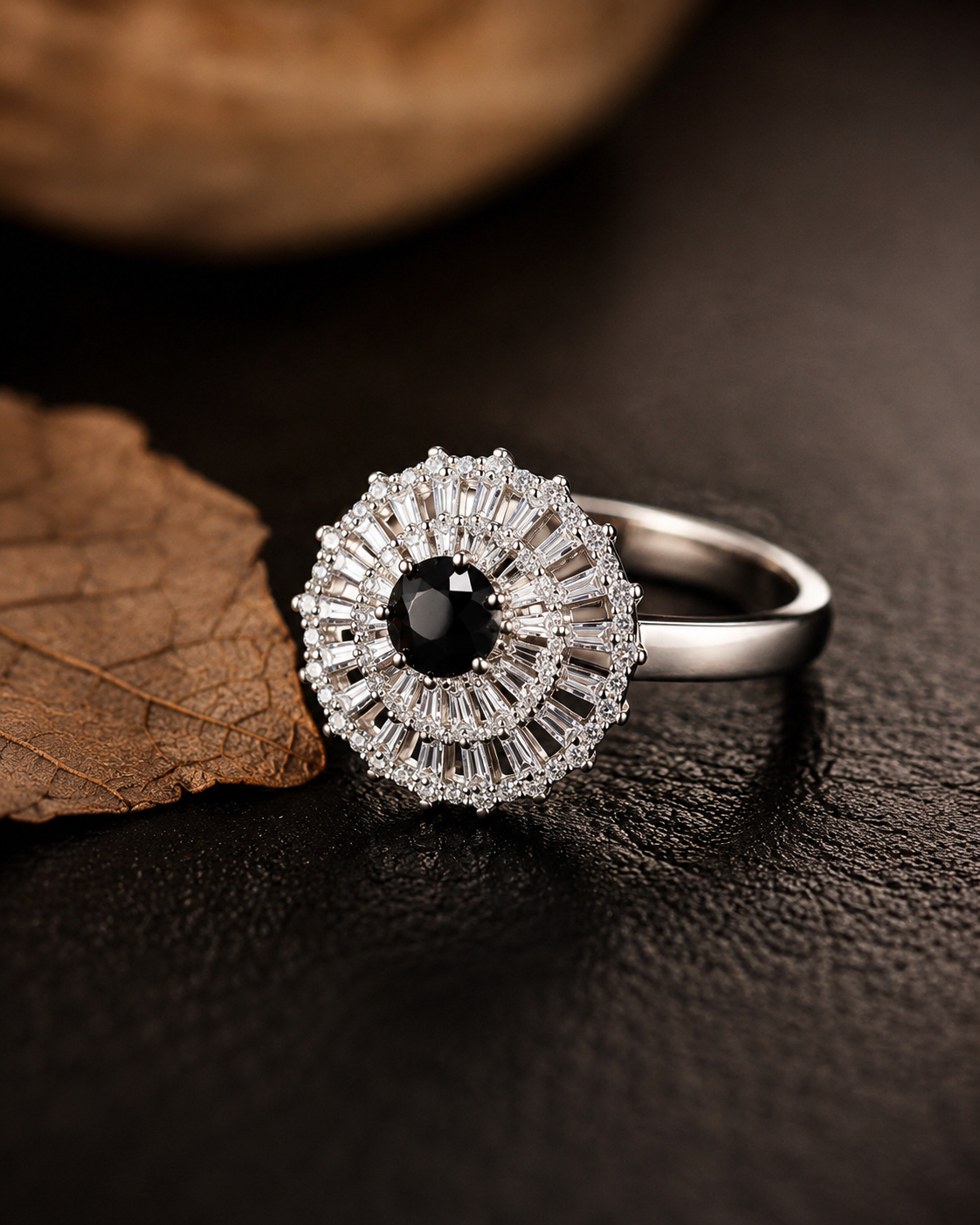 Silver-Tone Black Crystal Sunburst Ring