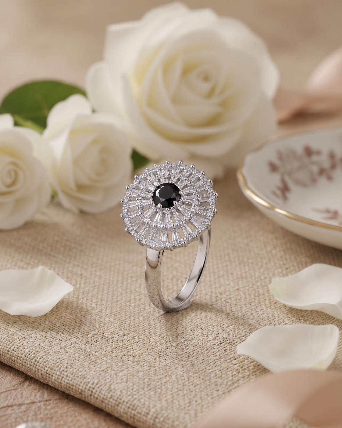 Silver-Tone Black Crystal Sunburst Ring - Image 2
