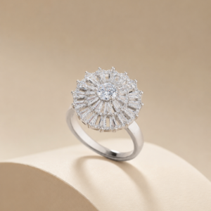 Silver-Tone White Crystal Sunburst Ring