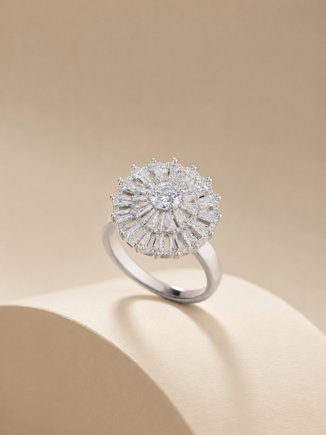 Silver-Tone White Crystal Sunburst Ring