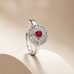 Silver-Tone Red Crystal Sunburst Ring