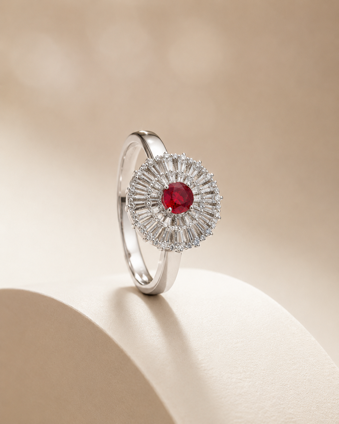 Silver-Tone Red Crystal Sunburst Ring