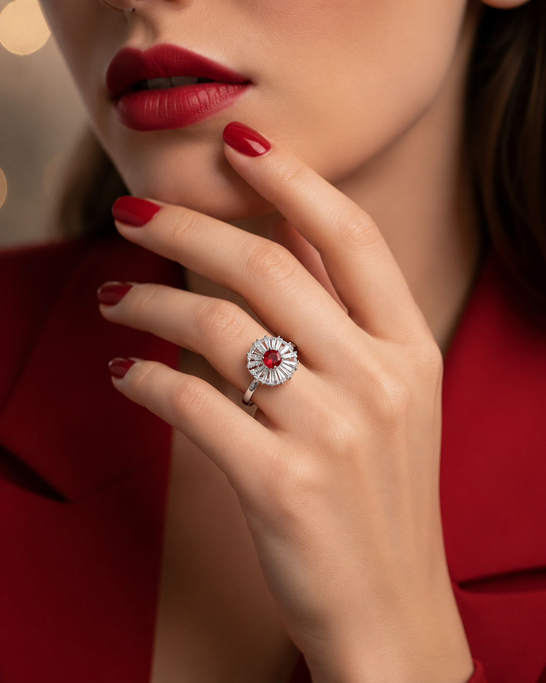 Silver-Tone Red Crystal Sunburst Ring - Image 2