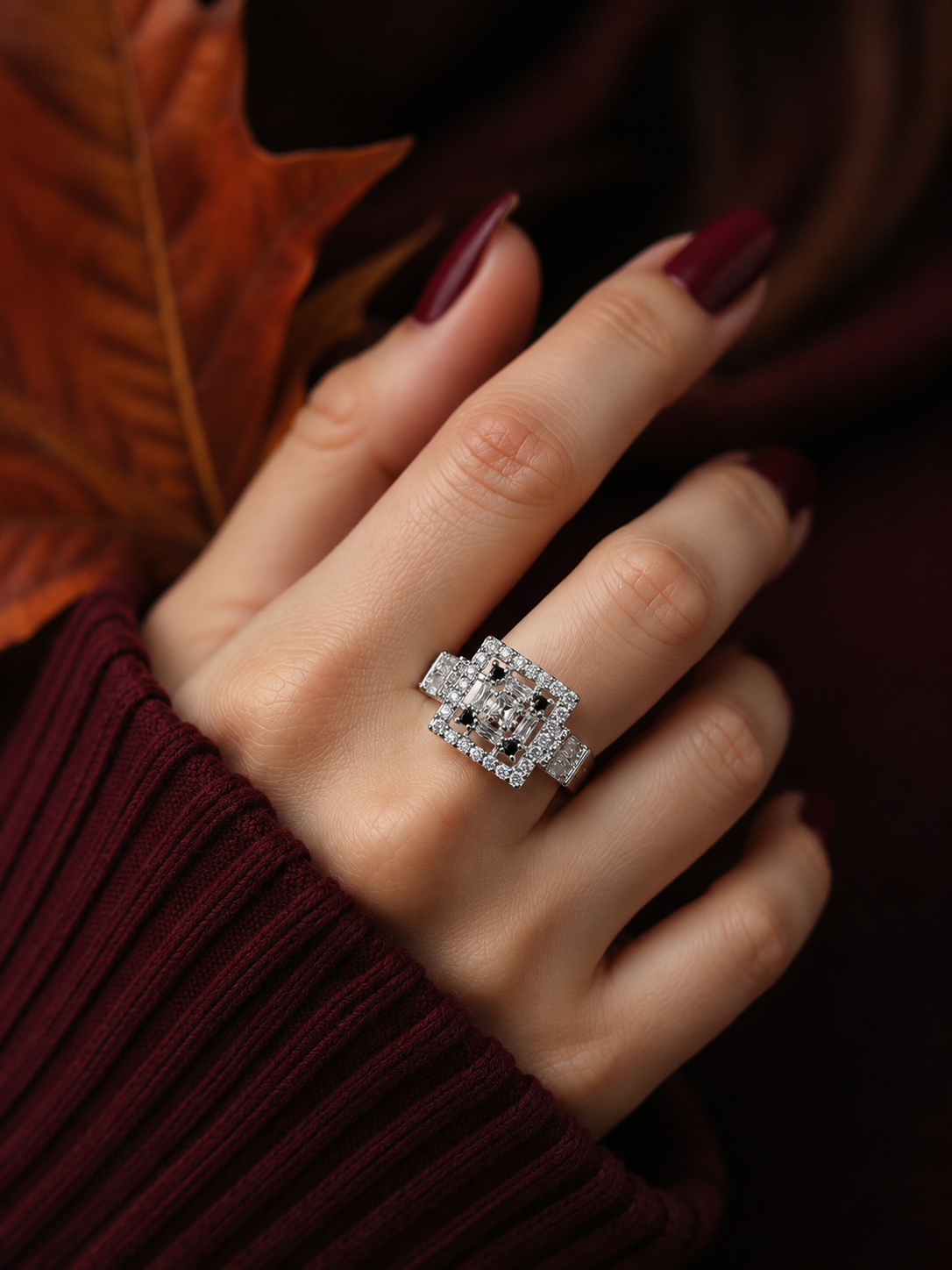 Elegant Silver-Tone Black Crystal Ring